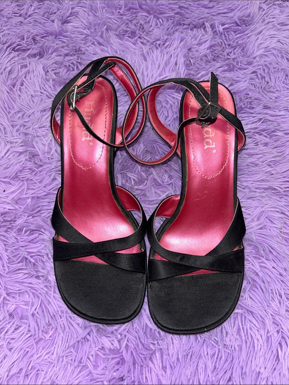 Women's Black Strappy Heeled Sandals by (Unbranded) - Pink Insole